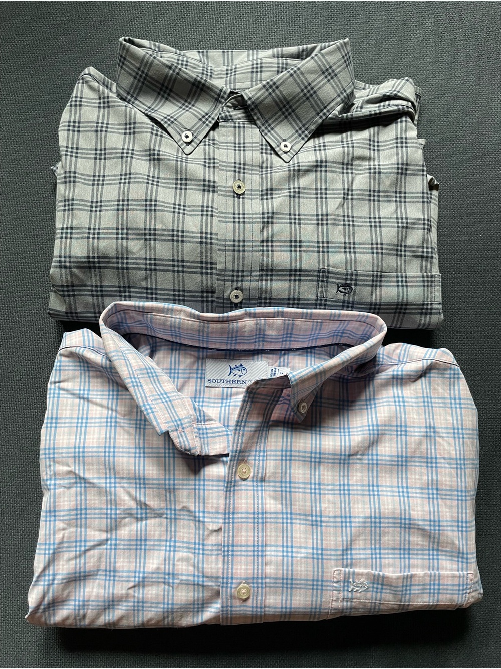 TWO Southern Tide Intercoastal High performance Plaid Button-Down blue, gray